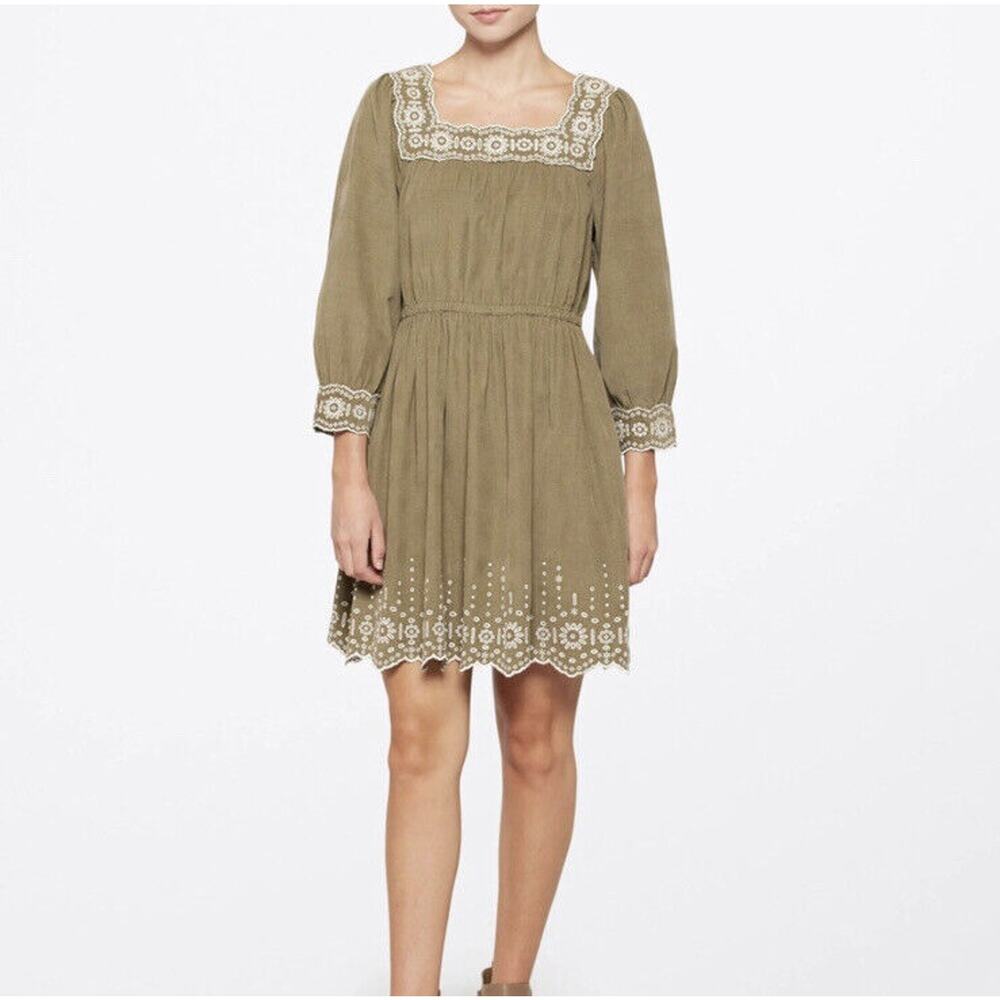 Cottagecore Madewell Corduroy Mini Dress Embroidered Green Square Neck Size XS